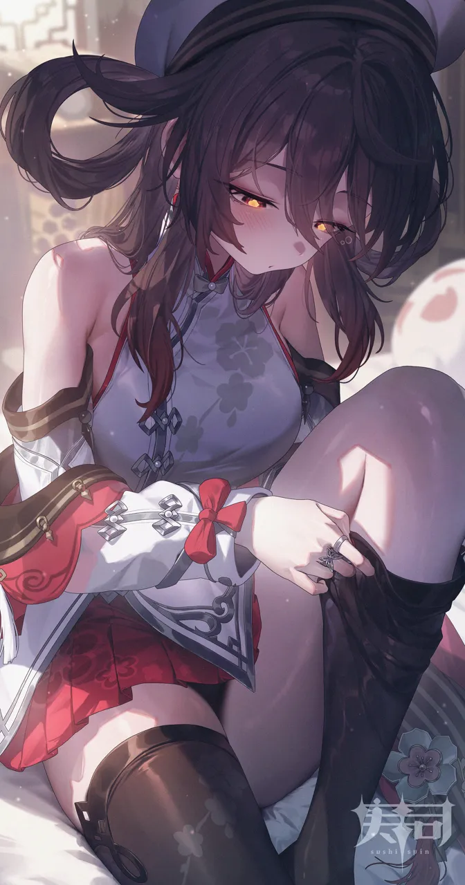 1girl adjusting_clothes adjusting_legwear architecture bare_shoulders black_thighhighs boo_tao__genshin_impact breasts brown_hair chinese_clothes closed_mouth earrings east_asian_architecture genshin_impact hat hu_tao__cherries_snow_laden__genshin_impact hu_tao__genshin_impact indoors jewelry light_blush logo long_hair looking_down medium_breasts multiple_rings official_alternate_costume orange_pupils red_eyes red_skirt ring shirt sitting skirt sleeveless sleeveless_shirt solo_focus sushispin thighhighs thighhighs_pull thighs white_hat white_shirt