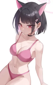 1girl animal_ears black_choker black_hair blush bra breasts cat_ears choker cleavage closed_mouth collarbone colored_inner_hair extra_ears hair_ornament hairclip halo looking_at_viewer medium_breasts multicolored_hair navel panties pink_bra pink_hair pink_panties red_eyes short_hair simple_background solo stomach two_tone_hair underwear underwear_only white_background nasol blue_archive kazusa__blue_archive