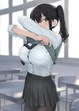 1girl arms_up artist_name black_bra black_hair black_necktie black_pantyhose black_skirt blurry blurry_background blush bra bra_peek breast_pocket breasts bursting_breasts button_gap buttons chair classroom covered_mouth dated day depth_of_field desk dress_shirt from_side gaki_kyonyuu grey_vest hair_between_eyes hair_tie indoors kaedeko__kaedelic large_breasts long_sleeves looking_at_viewer miniskirt necktie pantyhose pleated_skirt pocket purple_eyes sasaki_miyuki school_chair school_desk school_uniform shirt shirt_tucked_in short_hair side_ponytail sidelocks signature skirt sleeves_rolled_up solo standing sweater_vest taut_clothes underwear undressing vest vest_lift wavy_hair white_shirt window
