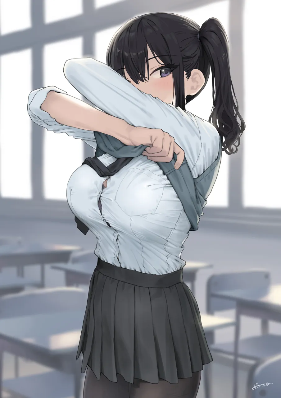 1girl arms_up artist_name black_bra black_hair black_necktie black_pantyhose black_skirt blurry blurry_background blush bra bra_peek breast_pocket breasts bursting_breasts button_gap buttons chair classroom covered_mouth dated day depth_of_field desk dress_shirt from_side gaki_kyonyuu grey_vest hair_between_eyes hair_tie indoors kaedeko__kaedelic large_breasts long_sleeves looking_at_viewer miniskirt necktie pantyhose pleated_skirt pocket purple_eyes sasaki_miyuki school_chair school_desk school_uniform shirt shirt_tucked_in short_hair side_ponytail sidelocks signature skirt sleeves_rolled_up solo standing sweater_vest taut_clothes underwear undressing vest vest_lift wavy_hair white_shirt window