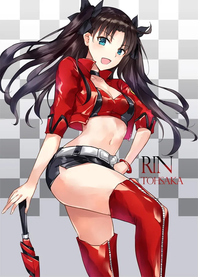 1girl _d bangle belt belt_buckle black_bow black_choker black_skirt blue_eyes boots bow bracelet breasts brown_hair buckle character_name checkered_background choker cleavage collarbone cropped_jacket fingernails hair_bow jacket jewelry long_hair looking_at_viewer official_alternate_costume open_clothes open_jacket open_mouth parted_bangs race_queen red_boots red_jacket red_thighhighs red_umbrella short_sleeves skirt small_breasts smile solo thigh_boots thighhighs two_side_up umbrella white_belt asle fate_stay_night fate__series tohsaka_rin tohsaka_rin__type_moon_racing