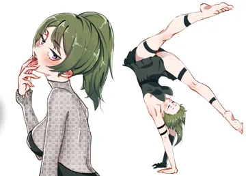 1girl alternate_costume arm_strap barefoot black_dress black_gloves black_leotard breasts dress eyelashes feet from_side gloves green_hair half_closed_eyes handstand jitome kneepits legs leotard looking_at_viewer multiple_views pleated_dress purple_eyes side_ponytail single_glove soles thigh_strap thighs toes tongue tongue_out upper_body babywipes sousou_no_frieren ubel__sousou_no_frieren