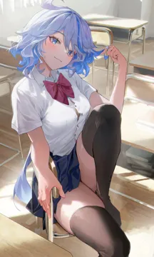 1girl ahoge alternate_costume black_thighhighs blue_eyes blue_hair blue_skirt blush book book_stack bow bowtie breasts buttons chair closed_mouth curtains desk eyelash_ornament fingernails furina__genshin_impact genshin_impact hair_between_eyes head_tilt indoors kawa683 knee_up long_hair looking_at_viewer medium_breasts miniskirt multicolored_hair no_shoes on_chair red_bow red_bowtie school_desk school_uniform shirt short_sleeves sidelocks sitting skirt smile solo streaked_hair sunlight thighhighs thighs white_shirt wooden_floor zettai_ryouiki