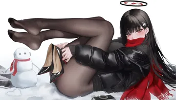 1girl abab_xiaxia alternate_costume black_hair black_halo black_jacket black_nails black_pantyhose black_shoes blue_archive breasts bright_pupils camera covered_mouth earrings feet hair_ornament hairclip halo high_heels holding holding_shoes holding_unworn_clothes jacket jewelry knees_up large_breasts legs long_hair looking_at_viewer lying nail_polish on_back pantyhose red_eyes red_scarf rio__blue_archive scarf shoes snow snowman soles solo thighs toes unworn_shoes very_long_hair white_pupils