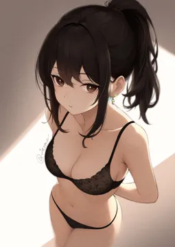 1girl arms_behind_back black_bra black_hair black_panties bra breasts brown_eyes cleavage closed_mouth collarbone cowboy_shot earrings from_above jewelry leone__kamina0205 long_hair looking_at_viewer looking_up medium_breasts navel panties ponytail solo stomach twitter_username underwear underwear_only