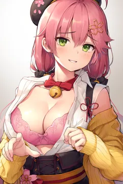 1girl ahoge bell blush bow bra breasts cardigan cleavage collar flower green_eyes hair_bell hair_ornament hairclip hat hololive jingle_bell large_breasts long_hair looking_at_viewer neck_bell off_shoulder official_alternate_costume open_clothes open_shirt pink_bra pink_flower pink_hair red_bow red_collar sakura_miko sakura_miko__casual shirt smile solo sy4 underwear upper_body virtual_youtuber white_background white_shirt yellow_cardigan