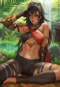 1girl abs ahoge animal_ears arm_behind_head arm_up armor asymmetrical_clothes bare_shoulders black_gloves black_hair black_pants blonde_hair blue_eyes breasts brooch closed_mouth criss_cross_halter crossed_bangs dark_skin dark_skinned_female day dehya__genshin_impact earrings feet foot_out_of_frame genshin_impact gloves hair_between_eyes hair_intakes halterneck hand_on_own_head jewelry lips long_hair looking_at_viewer medium_breasts multicolored_hair nail_polish navel no_shoes nose outdoors pants plant sciamano240 shoulder_armor single_pantsleg sitting solo stirrup_legwear stomach streaked_hair thigh_strap thighs toeless_legwear toenail_polish toenails toes toned torn_clothes torn_pants two_tone_hair