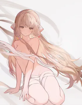 1girl bandages blonde_hair blush breasts brown_eyes convenient_censoring floating_hair grey_background hair_tubes long_hair looking_at_viewer medium_breasts nude robot_ears sidelocks simple_background sitting solo very_long_hair mada__shizhou chobits chii__chobits