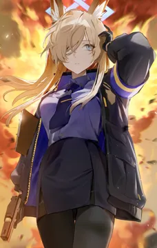 1girl animal_ear_fluff animal_ears black_gloves black_jacket black_necktie black_pantyhose black_skirt blonde_hair blue_eyes blue_halo blue_shirt breasts cowboy_shot dog_ears dog_girl explosion gloves gun hair_over_one_eye halo holding holding_gun holding_weapon jacket large_breasts long_hair necktie open_clothes open_jacket pantyhose pencil_skirt shirt skirt solo weapon flatshi blue_archive kanna__blue_archive