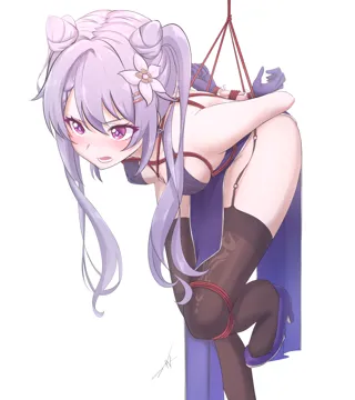 1girl arms_behind_back bdsm bent_over black_thighhighs blush bondage bound bound_legs breasts china_dress chinese_clothes cone_hair_bun double_bun dress feint721 flower garter_straps genshin_impact hair_bun hair_flower hair_ornament keqing__genshin_impact open_mouth pelvic_curtain purple_dress purple_eyes purple_hair restrained rope shibari simple_background thighhighs twintails white_background