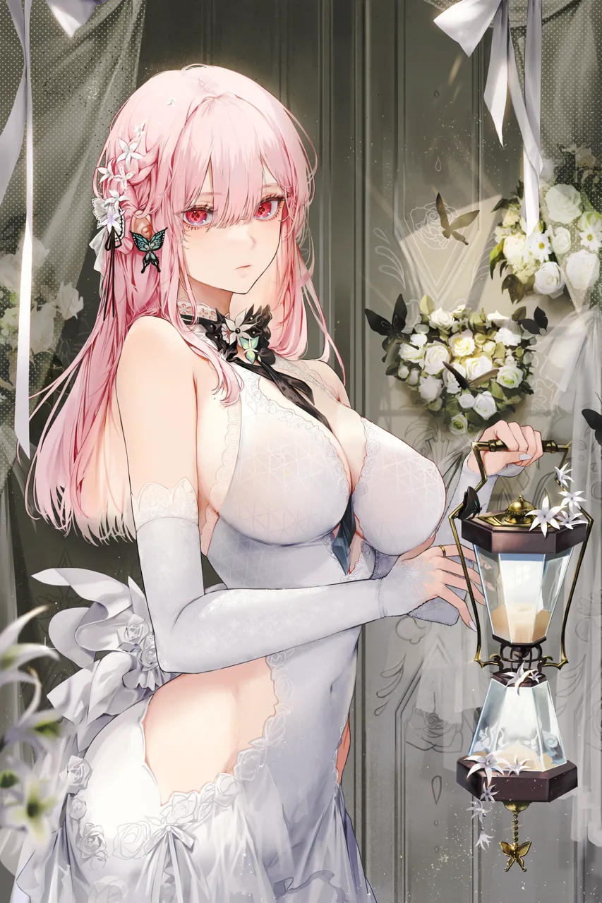 1girl bare_shoulders bouquet breasts closed_mouth covered_navel detached_sleeves dress from_side hair_ornament hip_vent holding jewelry kim_eb large_breasts long_hair long_sleeves looking_at_viewer looking_to_the_side mole mole_on_breast nail_polish pink_hair red_eyes ring white_dress white_nails white_sleeves