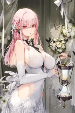 1girl bare_shoulders bouquet breasts closed_mouth covered_navel detached_sleeves dress from_side hair_ornament hip_vent holding jewelry kim_eb large_breasts long_hair long_sleeves looking_at_viewer looking_to_the_side mole mole_on_breast nail_polish pink_hair red_eyes ring white_dress white_nails white_sleeves
