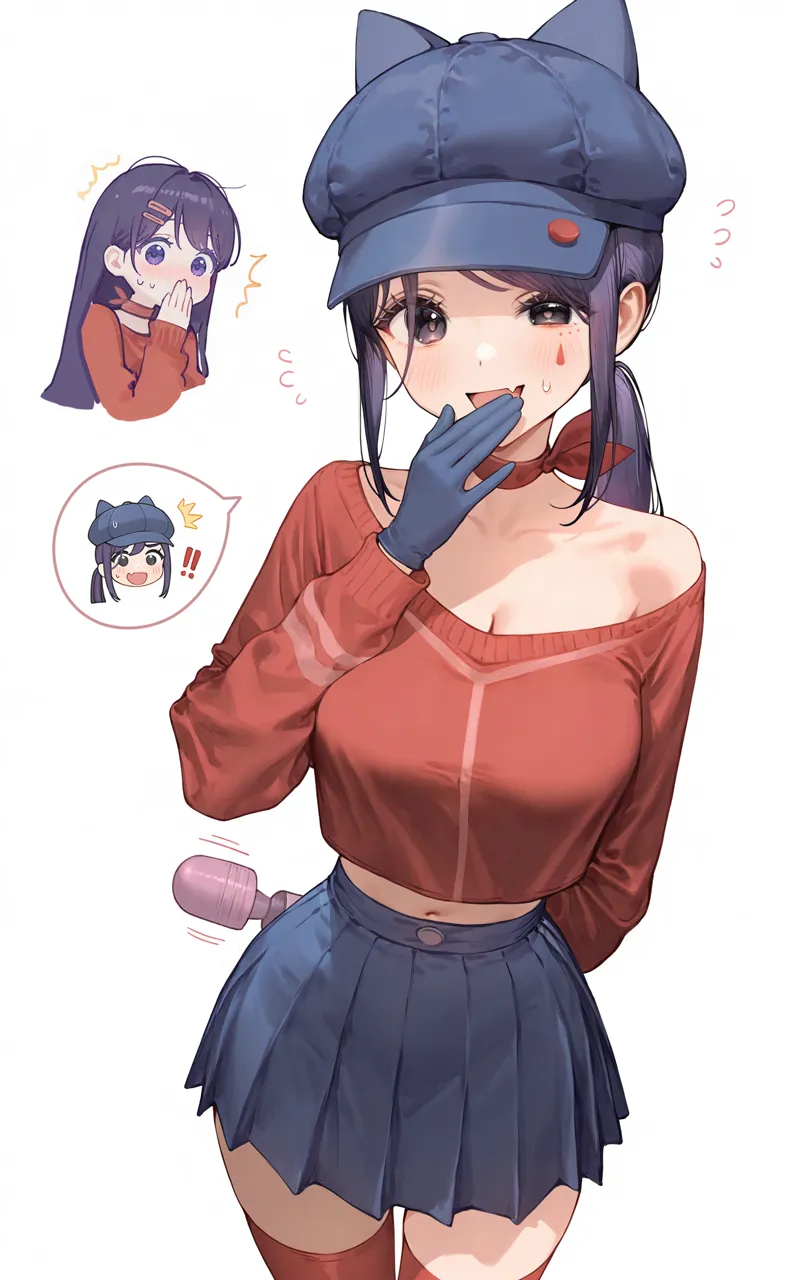 2girls animal_ear_headwear arm_behind_back black_eyes black_skirt blue_eyes blue_gloves blue_hair blush breasts choker cleavage fang flying_sweatdrops gloves hair_intakes hair_ornament hairpin hand_to_own_mouth hat hitachi_magic_wand holding holding_sex_toy long_hair long_sleeves looking_at_viewer low_ponytail medium_breasts miniskirt multiple_girls nose_blush peaked_cap pleated_skirt ponytail red_choker red_shirt red_thighhighs sex_toy shirt simple_background skin_fang skirt spoken_character sweat thighhighs thighs trembling uneven_eyes vibrator white_background poki__j0ch3fvj6nd miside cool_mita__miside kind_mita__miside mita__miside