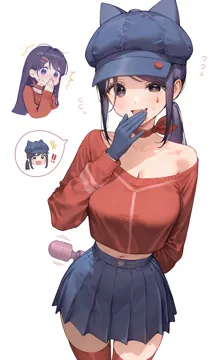 2girls animal_ear_headwear arm_behind_back black_eyes black_skirt blue_eyes blue_gloves blue_hair blush breasts choker cleavage fang flying_sweatdrops gloves hair_intakes hair_ornament hairpin hand_to_own_mouth hat hitachi_magic_wand holding holding_sex_toy long_hair long_sleeves looking_at_viewer low_ponytail medium_breasts miniskirt multiple_girls nose_blush peaked_cap pleated_skirt ponytail red_choker red_shirt red_thighhighs sex_toy shirt simple_background skin_fang skirt spoken_character sweat thighhighs thighs trembling uneven_eyes vibrator white_background poki__j0ch3fvj6nd miside cool_mita__miside kind_mita__miside mita__miside