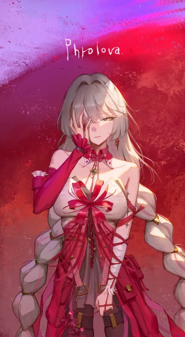 1girl bandaged_arm bandages bare_shoulders black_pantyhose black_skirt braid breasts character_name cowboy_shot detached_sleeves dress earrings grey_hair halter_dress halterneck hand_on_own_face jewelry long_hair low_twin_braids medium_breasts pantyhose red_dress single_detached_sleeve skirt solo tacet_mark__wuthering_waves twin_braids very_long_hair sib__9obsl wuthering_waves phrolova__wuthering_waves