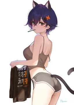 1girl animal_ear_fluff animal_ears artist_name ass blue_hair breasts brown_eyes cat_ears cat_tail cowboy_shot crop_top dolphin_shorts from_side hair_ornament holding holding_shirt holding_unworn_clothes looking_at_viewer medium_breasts shirt short_hair shorts simple_background solo tail toothbrush toothbrush_in_mouth unworn_shirt white_background adelie_cat zenless_zone_zero belle__zenless_zone_zero