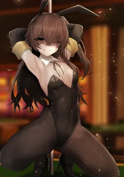 1girl animal_ears armpits arms_behind_head black_leotard black_pantyhose black_shoes blush breasts brown_eyes brown_hair covered_navel elbow_gloves fake_animal_ears gloves grin hair_between_eyes high_heels leotard long_hair navel neck_ribbon one_eye_closed pantyhose playboy_bunny pole pole_dancing rabbit_ears ribbon scar scar_across_eye scar_on_face shaded_face shoes small_breasts smile solo squatting strapless strapless_leotard stripper stripper_pole thighs re1kirisaki342 girls__frontline ump45__girls__frontline