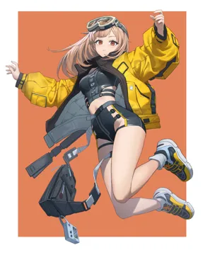1girl asymmetrical_bangs bag bare_legs breasts brown_hair closed_mouth clothing_cutout full_body goggles goggles_on_head jacket jumping long_sleeves looking_at_viewer medium_breasts midriff no_panties open_clothes open_jacket red_eyes shoes short_shorts shorts sneakers solo tight_clothes yellow_jacket xzu