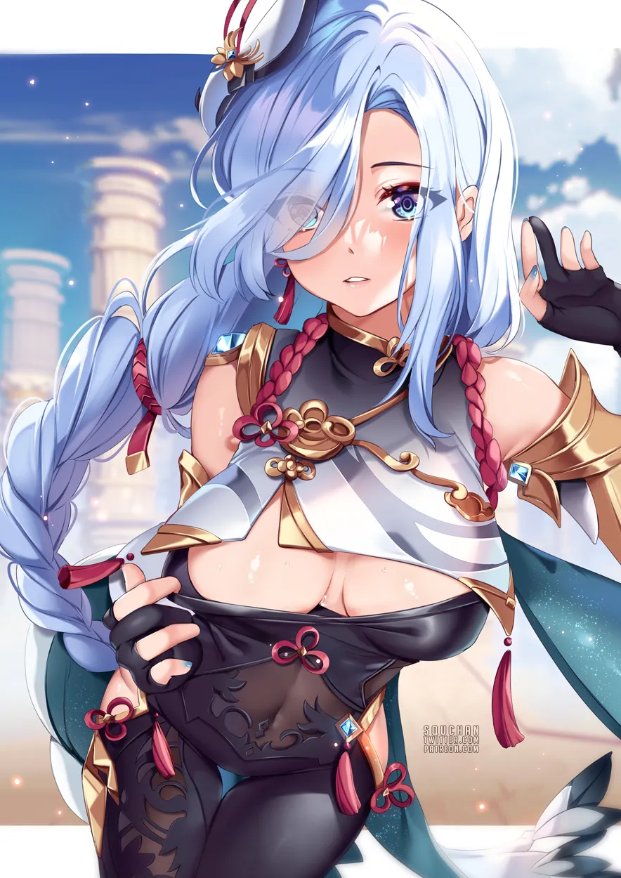 1girl artist_name black_bodysuit black_gloves blue_eyes blue_hair blue_nails blurry bodysuit bodysuit_pull braid breast_curtain breasts breasts_apart clothing_cutout cloud covered_navel depth_of_field earrings eyes_visible_through_hair genshin_impact gloves hair_between_eyes hair_over_one_eye hip_vent jewelry leaning_forward long_hair looking_at_viewer low_braided_long_hair low_tied_long_hair outdoors parted_lips patreon_username shenhe__genshin_impact shoulder_cutout sidelocks single_braid sky solo squchan stomach_cutout sweat tassel tassel_earrings thigh_gap twitter_username web_address