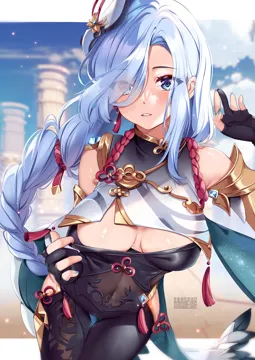 1girl artist_name black_bodysuit black_gloves blue_eyes blue_hair blue_nails blurry bodysuit bodysuit_pull braid breast_curtain breasts breasts_apart clothing_cutout cloud covered_navel depth_of_field earrings eyes_visible_through_hair genshin_impact gloves hair_between_eyes hair_over_one_eye hip_vent jewelry leaning_forward long_hair looking_at_viewer low_braided_long_hair low_tied_long_hair outdoors parted_lips patreon_username shenhe__genshin_impact shoulder_cutout sidelocks single_braid sky solo squchan stomach_cutout sweat tassel tassel_earrings thigh_gap twitter_username web_address