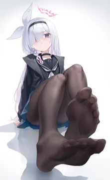 1girl black_pantyhose blue_archive blue_eyes blush feet foot_focus hair_over_one_eye hairband halo jacket legs long_hair no_shoes pantyhose plana__blue_archive pleated_skirt red_halo ruochongsang school_uniform serafuku sitting skirt soles solo toenails toes white_hair