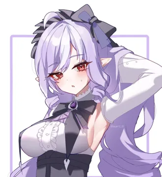 1girl ahoge arm_behind_head armpits black_bow black_bowtie blush bow bowtie breast_curtains breasts detached_sleeves gem hair_between_eyes hair_bow large_breasts long_hair long_sleeves looking_at_viewer parted_lips pointy_ears purple_gemstone purple_hair red_eyes sideboob small_sweatdrop solo upper_body very_long_hair white_sleeves taiyaki12 zenless_zone_zero vivian__zenless_zone_zero