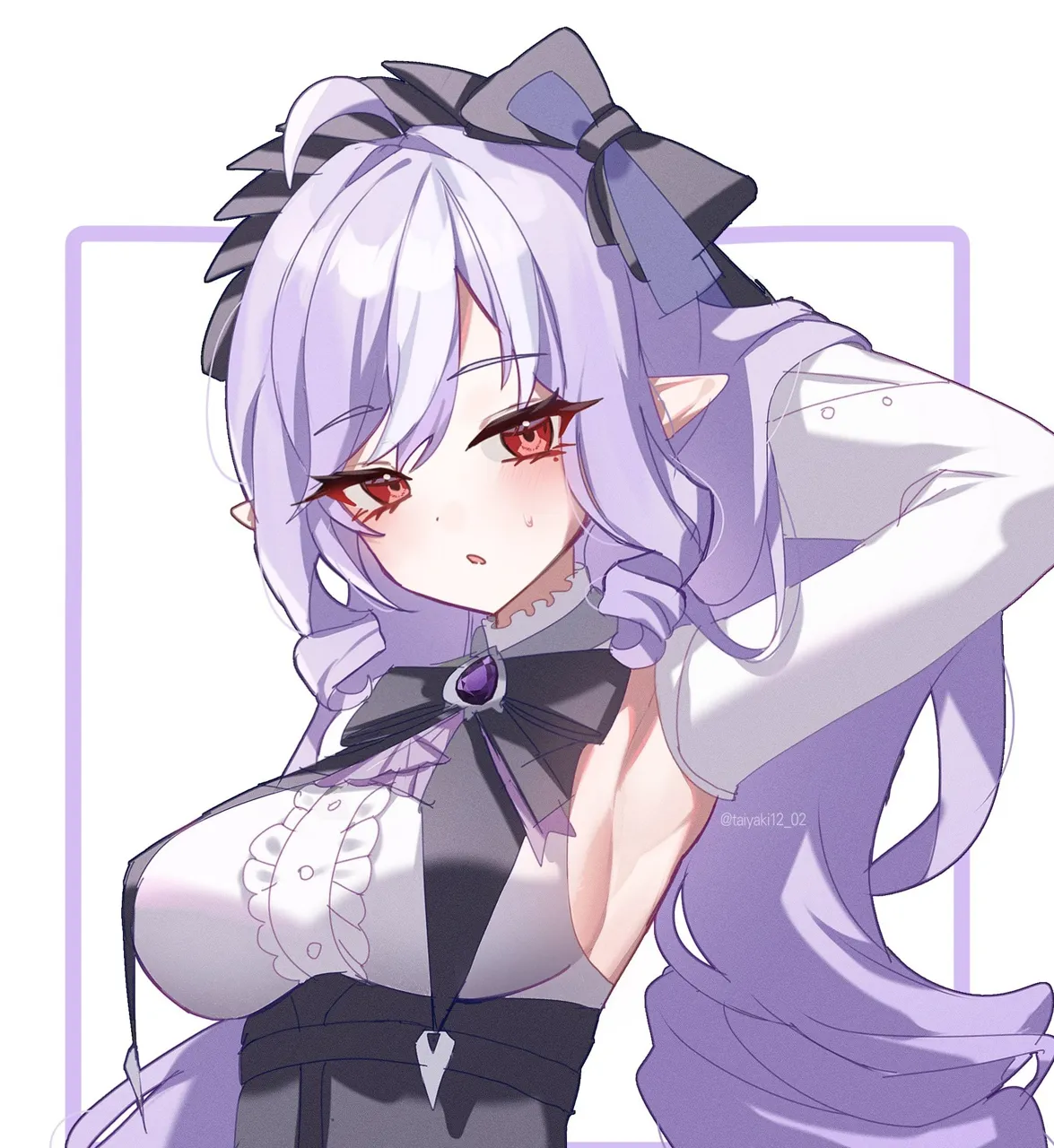 1girl ahoge arm_behind_head armpits black_bow black_bowtie blush bow bowtie breast_curtains breasts detached_sleeves gem hair_between_eyes hair_bow large_breasts long_hair long_sleeves looking_at_viewer parted_lips pointy_ears purple_gemstone purple_hair red_eyes sideboob small_sweatdrop solo upper_body very_long_hair white_sleeves taiyaki12 zenless_zone_zero vivian__zenless_zone_zero