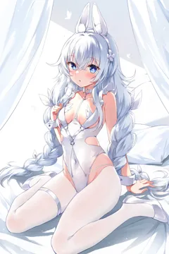 1girl animal_ear_fluff animal_ears azur_lane bed blue_eyes blush braid breasts covered_navel crotchless crotchless_pantyhose devil_heavens fake_animal_ears grey_hair groin high_heels highleg highleg_leotard le_malin__azur_lane le_malin__listless_lapin__azur_lane legs leotard long_hair official_alternate_costume pantyhose pillow playboy_bunny rabbit_ears shoes simple_background sitting small_breasts solo thigh_strap thighs twin_braids twintails very_long_hair white_background white_leotard white_pantyhose white_shoes