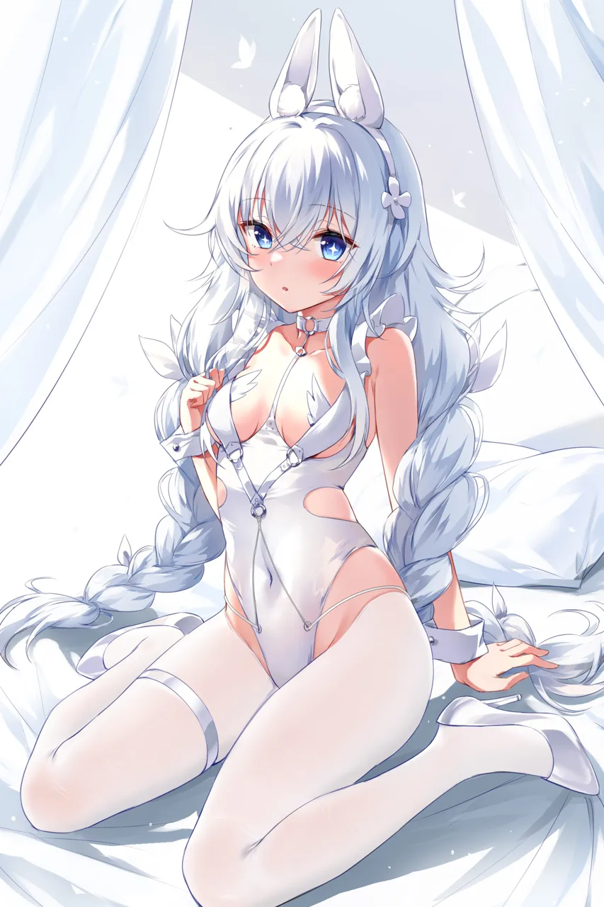1girl animal_ear_fluff animal_ears azur_lane bed blue_eyes blush braid breasts covered_navel crotchless crotchless_pantyhose devil_heavens fake_animal_ears grey_hair groin high_heels highleg highleg_leotard le_malin__azur_lane le_malin__listless_lapin__azur_lane legs leotard long_hair official_alternate_costume pantyhose pillow playboy_bunny rabbit_ears shoes simple_background sitting small_breasts solo thigh_strap thighs twin_braids twintails very_long_hair white_background white_leotard white_pantyhose white_shoes