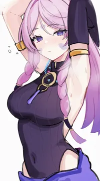 1girl armlet armpits arms_up bare_shoulders blue_eyes breasts covered_navel facial_mark jewelry large_breasts leotard long_hair looking_at_viewer pink_hair presenting_armpit purple_leotard simple_background solo sweat sweaty_armpits upper_body very_long_hair white_background mini2chainz genshin_impact citlali__genshin_impact