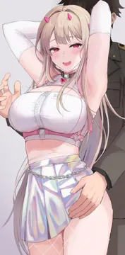 1boy 1girl armpits arms_up blush breasts brown_hair chain chest_harness cleavage cleavage_cutout clothes_lift clothing_cutout commander__nikke cowboy_shot crop_top elbow_gloves eyelashes eyeshadow fishnet_pantyhose fishnets gem gloves goddess_of_victory__nikke grey_background hair_intakes harness heart heart_collar heart_o_ring hetero hiemizu holographic_clothing horns iridescent large_breasts long_hair looking_at_viewer makeup mask mask_pull midriff miniskirt mole mole_under_eye mouth_mask o_ring open_mouth pantyhose pink_eyes pink_eyeshadow pleated_skirt red_gemstone shirt simple_background skirt skirt_lift solo_focus standing surgical_mask sweatdrop underbust viper__nikke white_gloves white_mask white_pantyhose white_shirt white_skirt zipper zipper_pull_tab