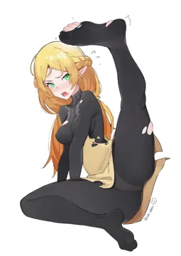 1girl black_pantyhose blonde_hair blush braid breasts dress elf feet french_braid full_body green_eyes isekai_ojisan lan_mao_akko leg_up legs long_hair looking_at_viewer medium_breasts no_shoes open_mouth panties panties_under_pantyhose pantyhose pointy_ears simple_background soles solo sui__isekai_ojisan toes torn_clothes torn_pantyhose underwear white_background yellow_dress