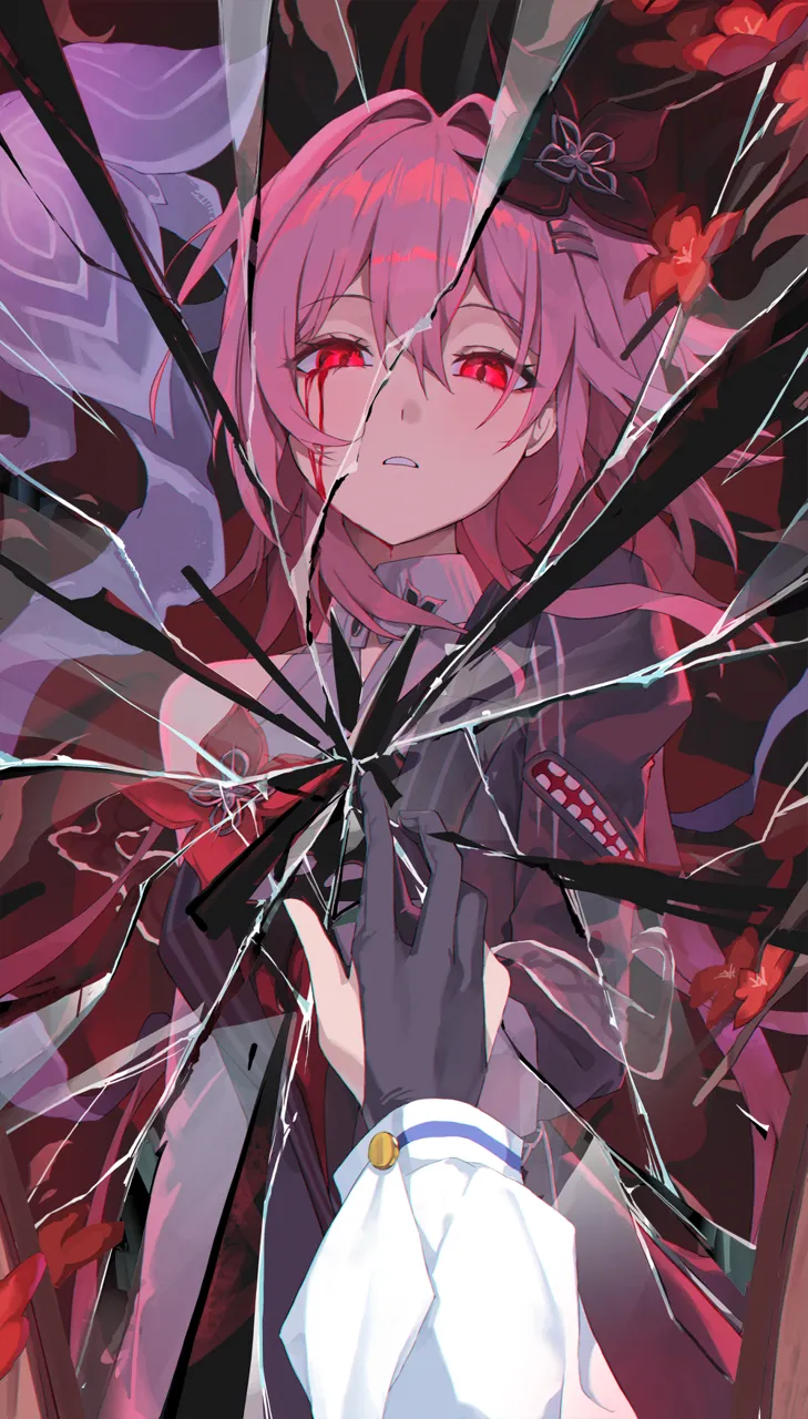 1girl black_dress black_flower black_gloves blood blood_from_eyes broken_glass broken_mirror different_reflection dress flower glass gloves hair_between_eyes hair_flower hair_intakes hair_ornament hairclip long_hair long_sleeves looking_at_viewer mirror parallel_hairclips parted_lips partially_fingerless_gloves pink_hair pov pov_hands red_eyes reflection reflection_focus single_bare_shoulder solo dawon honkai__star_rail honkai__series evernight__honkai__star_rail march_7th__honkai__star_rail march_7th__preservation__honkai__star_rail