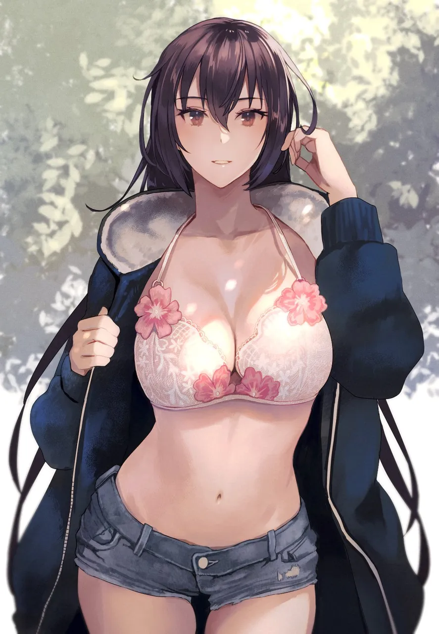 1girl adjusting_hair alternate_costume black_hair blue_jacket bra breasts brown_eyes cleavage collarbone denim denim_shorts flower_bra hair_between_eyes hood hood_down hooded_jacket jacket kantai_collection kasumi__skchkko large_breasts long_hair long_sleeves looking_at_viewer nagato__kancolle navel open_clothes open_jacket parted_lips short_shorts shorts smile solo stomach torn_clothes torn_shorts underwear white_bra