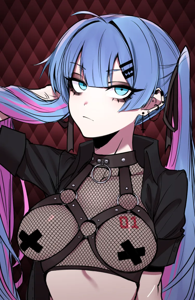 1girl ahoge arm_behind_head blue_eyes blue_hair blunt_bangs breasts chest_harness earrings fishnets goth_fashion hair_between_eyes harness hatsune_miku j_k jewelry long_hair looking_at_viewer medium_breasts multicolored_hair pasties purple_hair solo tape tape_on_nipples twintails two_tone_hair upper_body vocaloid