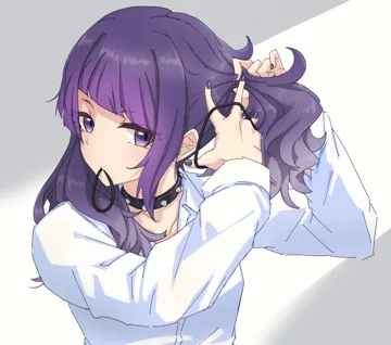 1girl black_choker blunt_bangs choker collarbone diagonal_bangs dress_shirt grey_background hair_tie hair_tie_in_mouth hands_up holding holding_hair_tie holding_own_hair long_hair long_sleeves looking_to_the_side mouth_hold nail_polish purple_eyes purple_hair purple_nails shirt simple_background solo studded_choker tying_hair upper_body white_shirt ito__itokayu idolmaster idolmaster_shiny_colors tanaka_mamimi