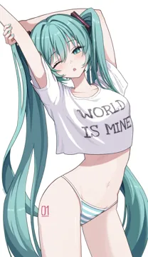 1girl aqua_eyes aqua_hair aqua_nails arched_back arm_behind_head arms_up breasts clothes_writing collarbone contrapposto cowboy_shot hair_between_eyes hair_ornament hatsune_miku leg_tattoo long_hair medium_breasts navel number_tattoo one_eye_closed open_mouth shirt simple_background sleepy solo standing stomach stretching suoniko tattoo twintails very_long_hair vocaloid white_background white_shirt world_is_mine__vocaloid