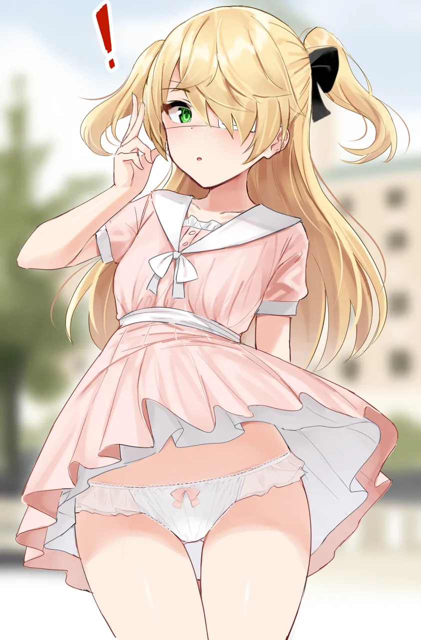 _o 1girl alternate_costume ass_visible_through_thighs bow bow_panties cowboy_shot dress eyepatch fischl__genshin_impact frilled_dress frilled_panties frilled_skirt frills genshin_impact green_eyes hair_ribbon looking_at_viewer open_mouth panties pink_dress ribbon shengtian short_dress short_sleeves skirt solo two_side_up underwear white_panties