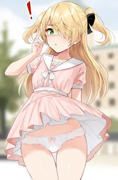 _o 1girl alternate_costume ass_visible_through_thighs bow bow_panties cowboy_shot dress eyepatch fischl__genshin_impact frilled_dress frilled_panties frilled_skirt frills genshin_impact green_eyes hair_ribbon looking_at_viewer open_mouth panties pink_dress ribbon shengtian short_dress short_sleeves skirt solo two_side_up underwear white_panties