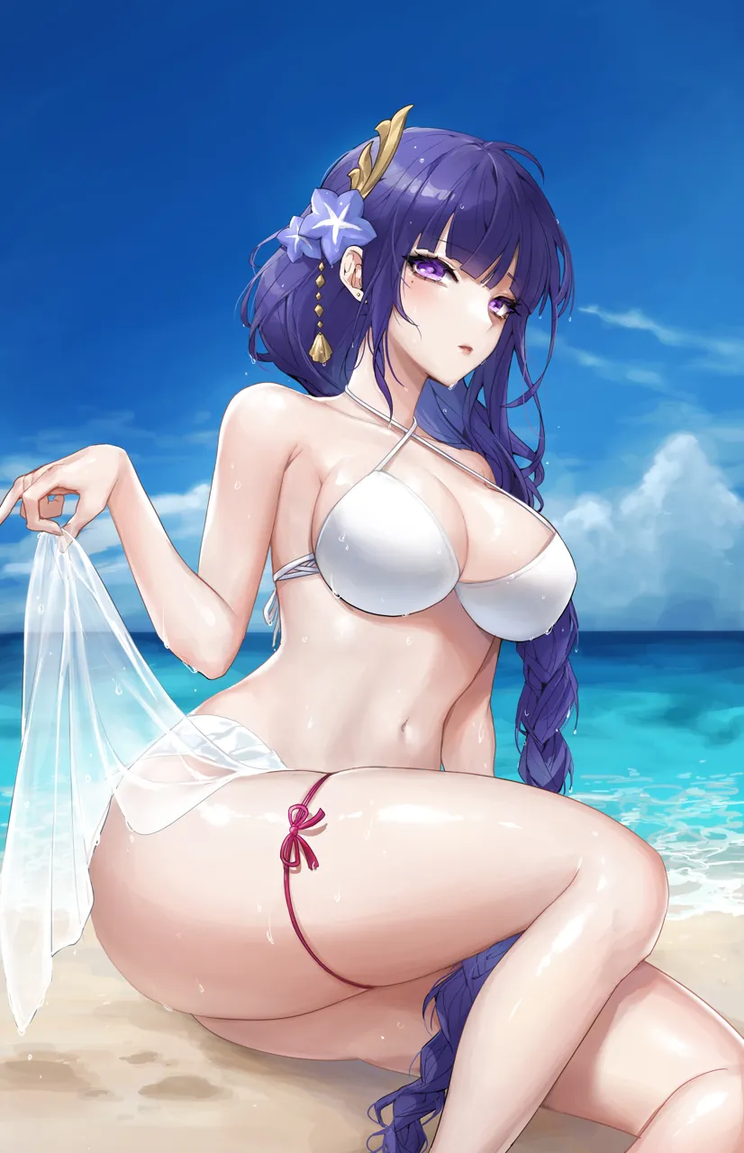 1girl bare_shoulders beach bikini bikini_skirt blue_sky braid breasts cloud flower genshin_impact hair_flower hair_ornament hibiwa large_breasts leaning_to_the_side long_hair looking_at_viewer low_braided_long_hair low_tied_long_hair mole mole_under_eye navel outdoors parted_lips purple_eyes purple_hair raiden_shogun sand see_through_clothes see_through_skirt sitting skirt skirt_hold sky solo stomach strap_gap string_bikini swimsuit thigh_strap thighs very_long_hair water wet white_bikini