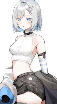 1girl arm_strap arm_warmers armpit_crease bare_shoulders blue_eyes blue_hair blue_stripes breasts choker clothes_down colored_inner_hair cowboy_shot cropped_shirt ear_piercing from_side ghost_hair_ornament grey_hair hair_ornament jacket light_blush looking_at_viewer medium_breasts midriff mole mole_under_eye multicolored_hair o_ring o_ring_choker off_shoulder piercing ribbed_shirt shirt short_hair short_shorts shorts sidelocks simple_background skindentation sleeveless sleeveless_shirt solo striped_arm_warmers thighs tongue tongue_out turtleneck turtleneck_shirt virtual_youtuber white_arm_warmers white_background x_hair_ornament nakony vspo kaga_sumire__vspo