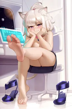 1girl animal_ear_fluff animal_ears bare_arms bare_legs bare_shoulders barefoot black_skirt blush braid breasts bright_pupils cat_ears cat_tail chair collar crown_braid feet foot_focus foreshortening full_body gradient_hair head_rest high_heels kairunoburogu legs looking_at_viewer medium_breasts mole mole_under_eye multicolored_hair neige__rayer office_chair outstretched_leg pink_collar pink_eyes ponytail presenting_foot shoes sitting skirt slit_pupils smile soles solo spacecraft_interior swivel_chair tail thighs tiptoes toenails toes unworn_shoes vehicle_interior white_hair white_pupils