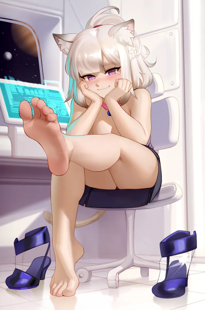 1girl animal_ear_fluff animal_ears bare_arms bare_legs bare_shoulders barefoot black_skirt blush braid breasts bright_pupils cat_ears cat_tail chair collar crown_braid feet foot_focus foreshortening full_body gradient_hair head_rest high_heels kairunoburogu legs looking_at_viewer medium_breasts mole mole_under_eye multicolored_hair neige__rayer office_chair outstretched_leg pink_collar pink_eyes ponytail presenting_foot shoes sitting skirt slit_pupils smile soles solo spacecraft_interior swivel_chair tail thighs tiptoes toenails toes unworn_shoes vehicle_interior white_hair white_pupils