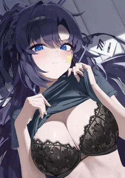 1girl black_bra black_halo black_shirt blue_archive blue_eyes blue_hair blush bra breasts cleavage closed_mouth clothes_lift from_above gym_shirt hair_intakes halo id_card ki_16 lace_trim lace_trimmed_bra large_breasts lifting_own_clothes long_hair looking_at_viewer lying mechanical_halo official_alternate_costume official_alternate_hairstyle on_back parted_bangs purple_hair shirt shirt_hold shirt_lift short_sleeves solo star_sticker sticker_on_face sweat underwear upper_body very_long_hair yuuka__blue_archive yuuka__track__blue_archive