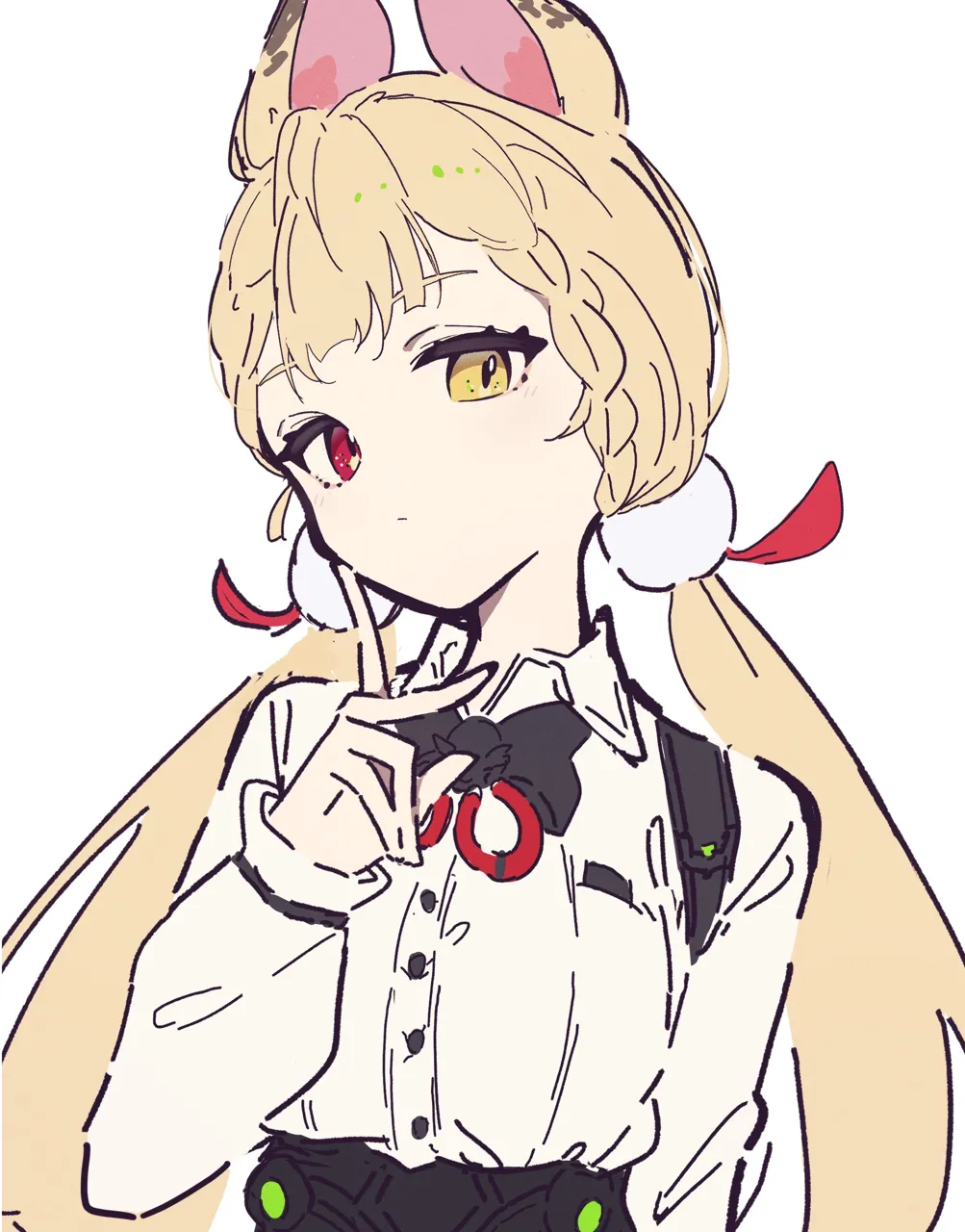 1girl animal_ears black_bow black_bowtie blonde_hair bow bowtie closed_mouth collared_shirt hair_ornament long_hair long_sleeves looking_at_viewer low_twintails pom_pom__clothes pom_pom_hair_ornament red_eyes shirt simple_background solo twintails upper_body white_background white_shirt yellow_eyes aitekku zenless_zone_zero alice_thymefield