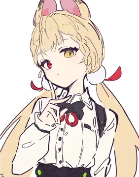 1girl animal_ears black_bow black_bowtie blonde_hair bow bowtie closed_mouth collared_shirt hair_ornament long_hair long_sleeves looking_at_viewer low_twintails pom_pom__clothes pom_pom_hair_ornament red_eyes shirt simple_background solo twintails upper_body white_background white_shirt yellow_eyes aitekku zenless_zone_zero alice_thymefield