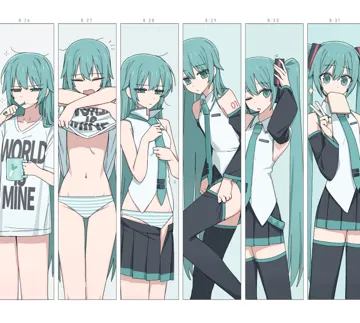 1girl adjusting_clothes adjusting_legwear adjusting_necktie aqua_eyes aqua_hair aqua_necktie aqua_panties arm_tattoo bare_shoulders black_skirt black_thighhighs bread bread_slice brushing_teeth channel__caststation clothes_lift clothes_writing collared_shirt cup dressing feet_out_of_frame flat_chest food food_in_mouth green_stripes hair_down half_closed_eyes hand_up hatsune_miku holding holding_cup lifting_own_clothes long_hair looking_at_viewer messy_hair midriff miniskirt mouth_hold mug multiple_views narrow_waist navel necktie number_tattoo oversized_clothes oversized_shirt pale_skin panties pleated_skirt posing print_mug print_shirt shirt shirt_lift short_sleeves shoulder_tattoo skinny skirt sleepy sleeveless sleeveless_shirt song_name spring_onion_print squeans standing stomach striped_clothes striped_panties tattoo thigh_gap thighhighs time_lapse timestamp toast toast_in_mouth toothbrush toothbrush_in_mouth twintails tying_hair underwear undressing very_long_hair vocaloid white_panties white_shirt world_is_mine__vocaloid yawning zettai_ryouiki