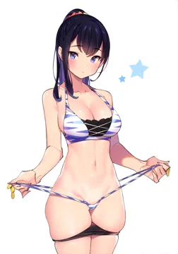 1girl bikini bikini_pull black_hair blue_eyes blush breasts cleavage clothes_pull collarbone frown gridman_universe long_hair medium_breasts navel panties ponytail popqn simple_background skindentation solo ssss_gridman star__symbol swimsuit takarada_rikka underwear white_background
