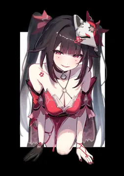 1girl bare_shoulders bell black_border black_choker black_hair black_sash border breasts choker cleavage collarbone criss_cross_halter dress flower_tattoo fox_mask gloves halterneck long_hair looking_at_viewer mark_under_both_eyes mask mask_on_head medium_breasts neck_bell outside_border parted_lips red_dress red_eyes red_nails red_sleeves sash single_glove smile solo tattoo twintails white_background sanshoku_dango__shukosuko honkai__star_rail honkai__series sparkle__honkai__star_rail