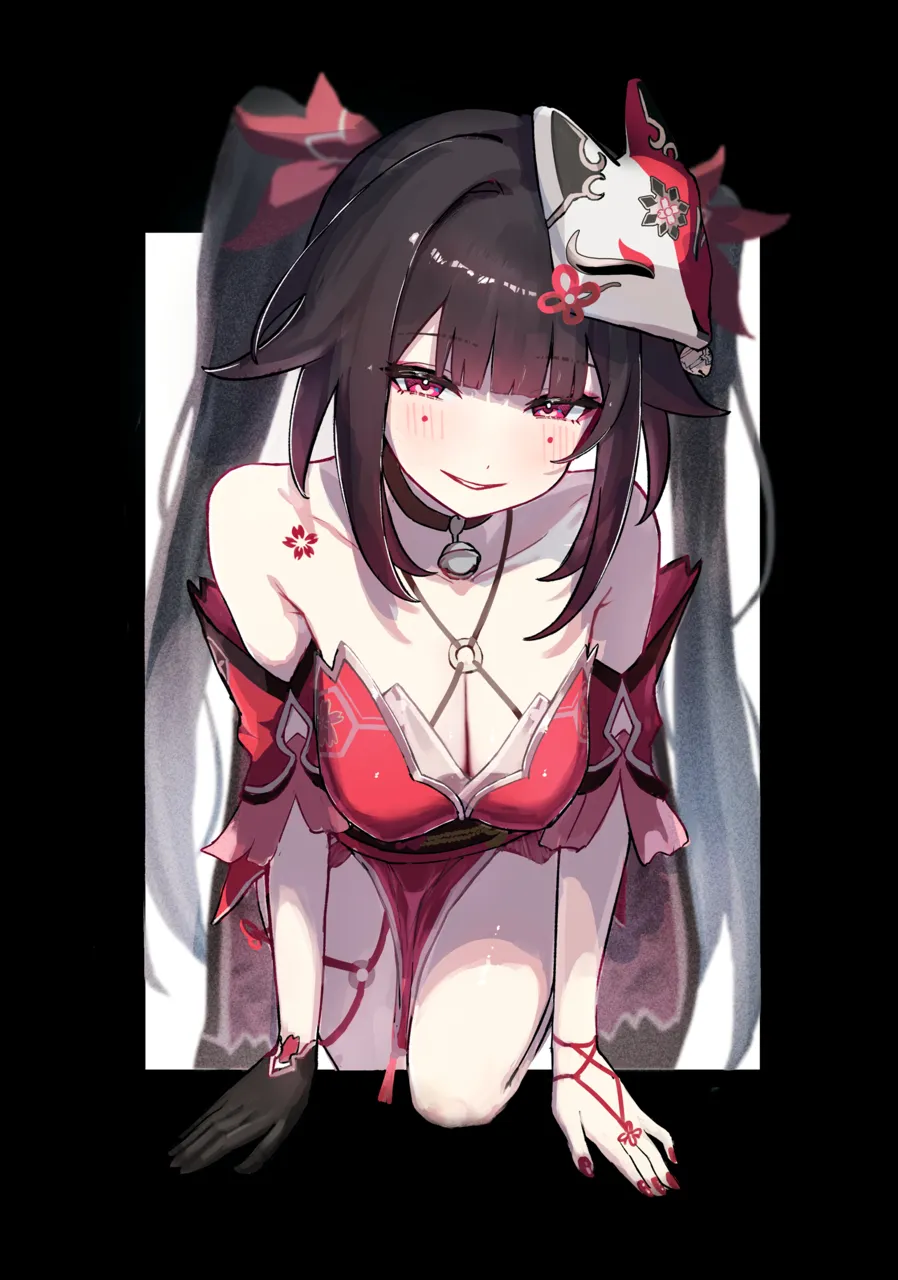 1girl bare_shoulders bell black_border black_choker black_hair black_sash border breasts choker cleavage collarbone criss_cross_halter dress flower_tattoo fox_mask gloves halterneck long_hair looking_at_viewer mark_under_both_eyes mask mask_on_head medium_breasts neck_bell outside_border parted_lips red_dress red_eyes red_nails red_sleeves sash single_glove smile solo tattoo twintails white_background sanshoku_dango__shukosuko honkai__star_rail honkai__series sparkle__honkai__star_rail